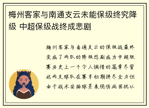 梅州客家与南通支云未能保级终究降级 中超保级战终成悲剧 梅州客家与南通支云未能保级终究降级 中超保级战终成悲剧